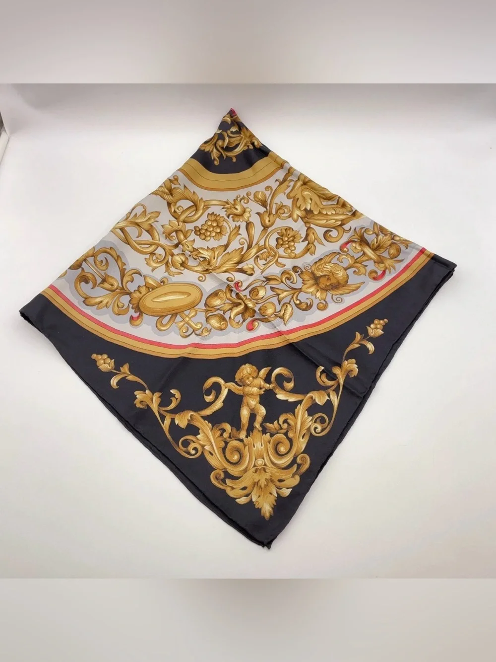 DIOR Vintage 80’s Baroque Gold & Black 100% Silk Cherub & Fleur-De-Lis Scarf